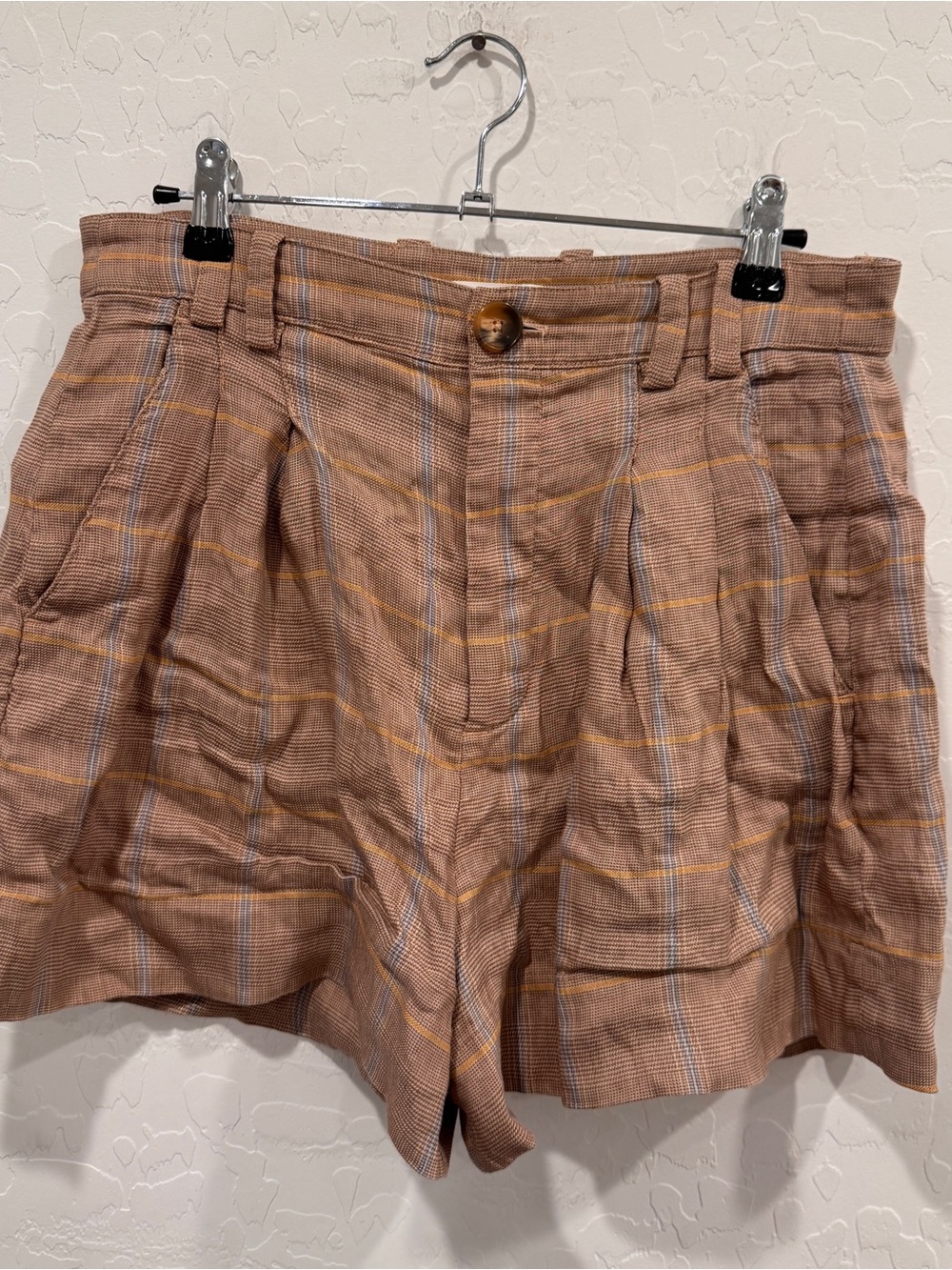 A.L.C. High-Waist Plaid Pleated Linen Shorts Womens 4 Windowpane Plaid Academia